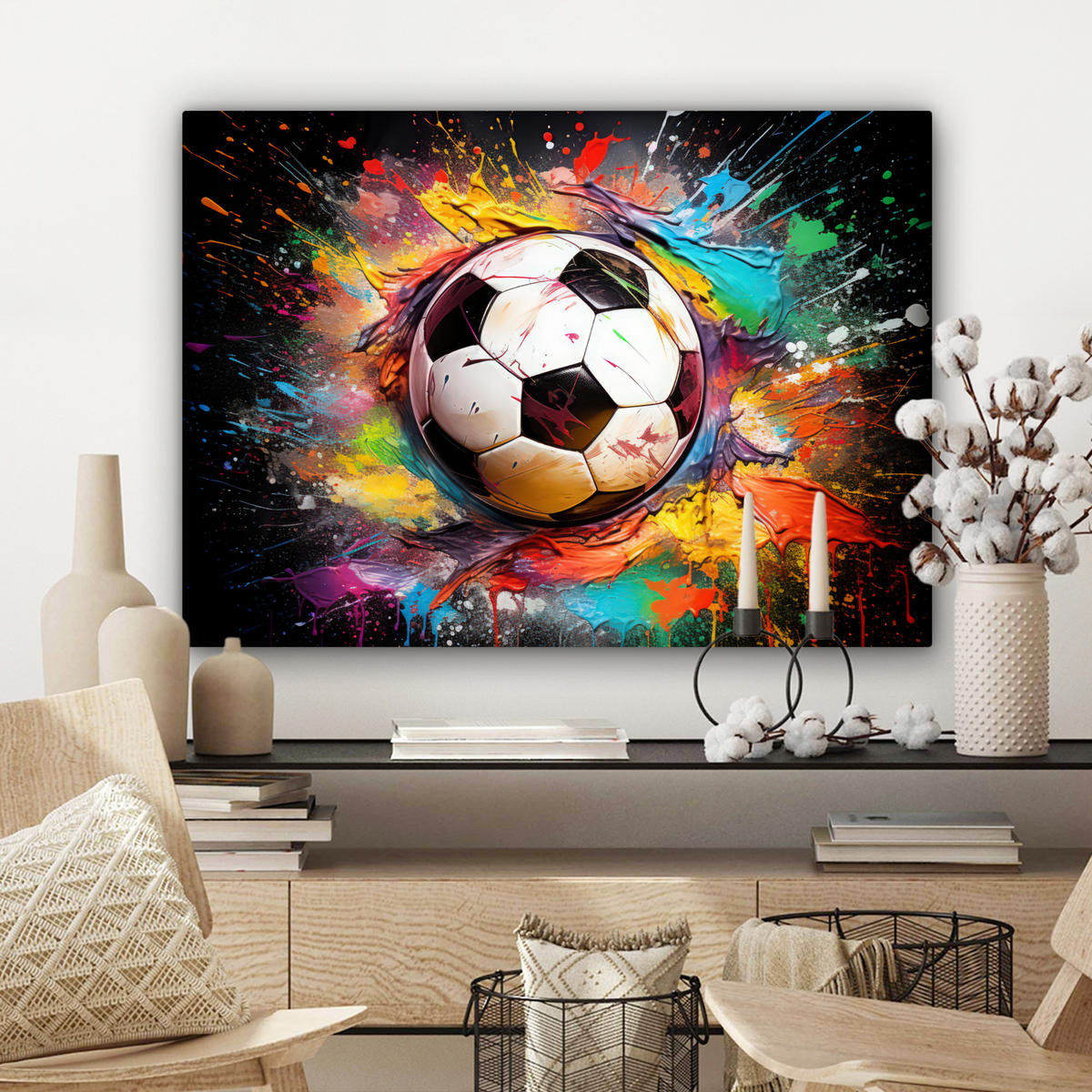 LEINWANDBILD Fußball - Farbe - Farben - Schwarz - Weiß Wandbilder 80x60 cm - Weiß, Textil (80/60cm) - MuchoWow