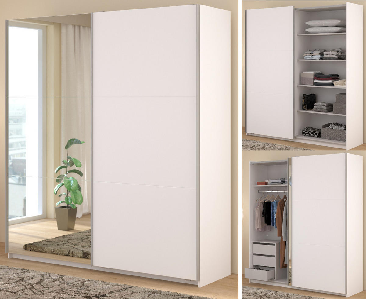 KLEIDERSCHRANK weiß 178 cm, Schwebetürenschrank 2-türig mit Spiegel und Schubkasteneinsatz - Weiß, Glas/Holzwerkstoff (178/203/59cm) - Parisot Meuble