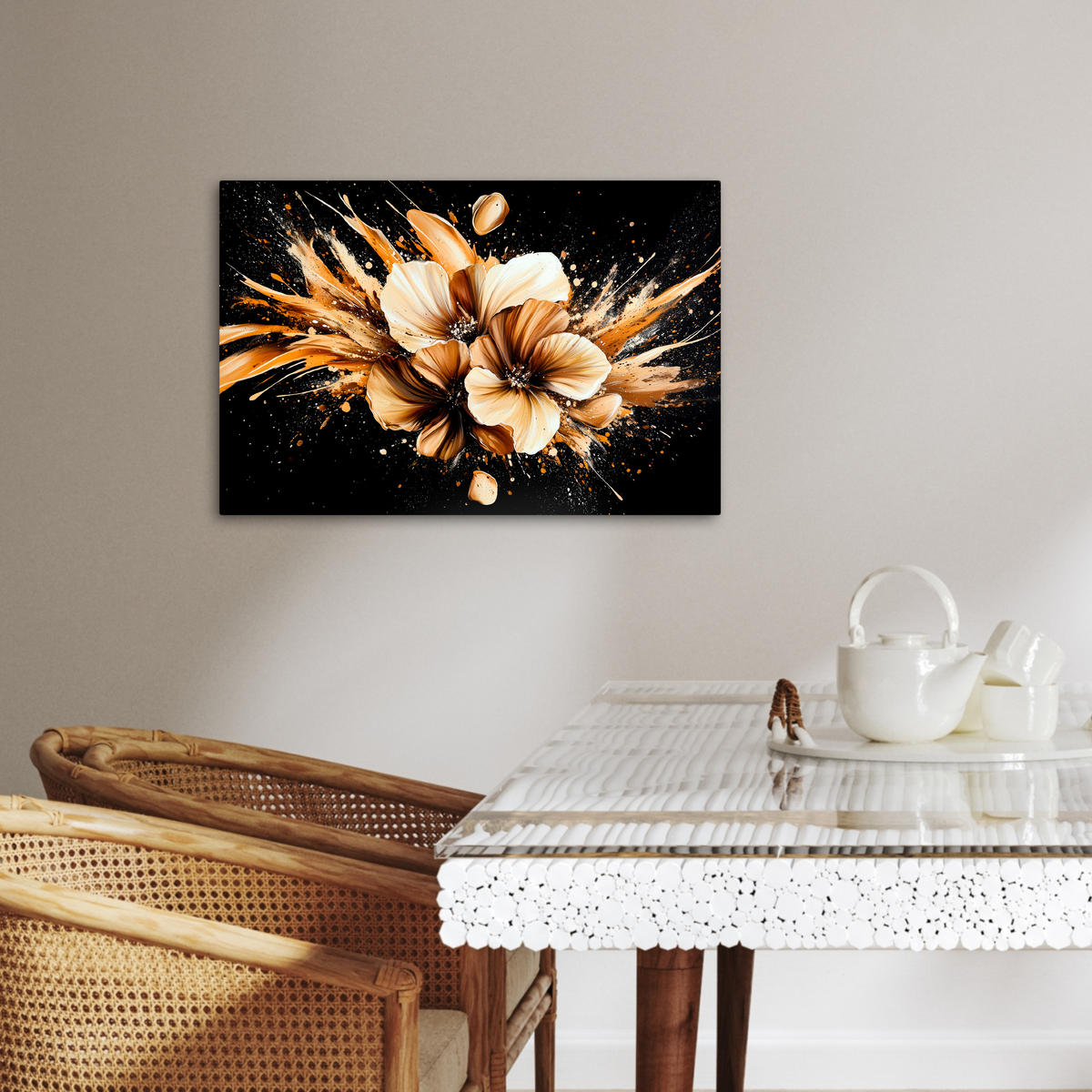 LEINWANDBILD Blumen - Gold - Graffiti - Schwarz - Abstrakt Gemälde 60x40 cm - Cappuccino, Textil (60/40cm) - MuchoWow