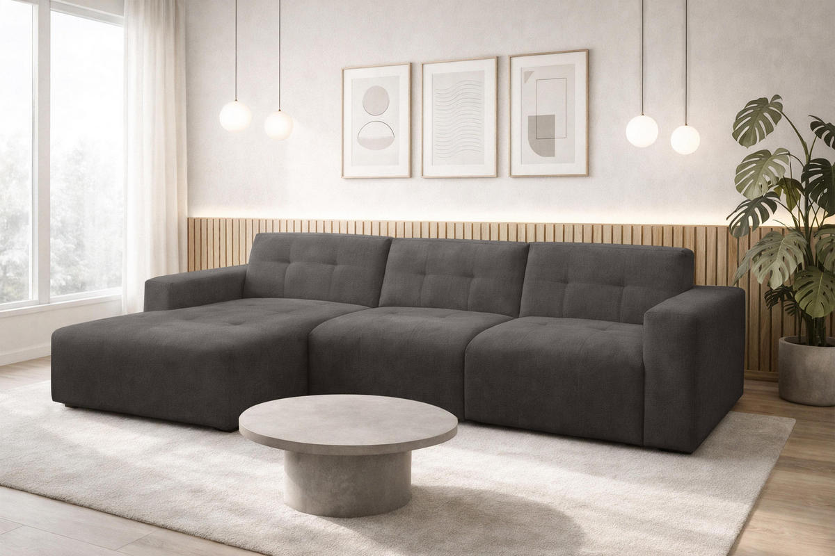 ECKSOFA L Form Corlu Dunkelgrau 310/165/78 cm – stilvolle kleine Eckcouch Links - Dunkelgrau/Schwarz, Kunststoff/Textil (310/165cm) - AX Living