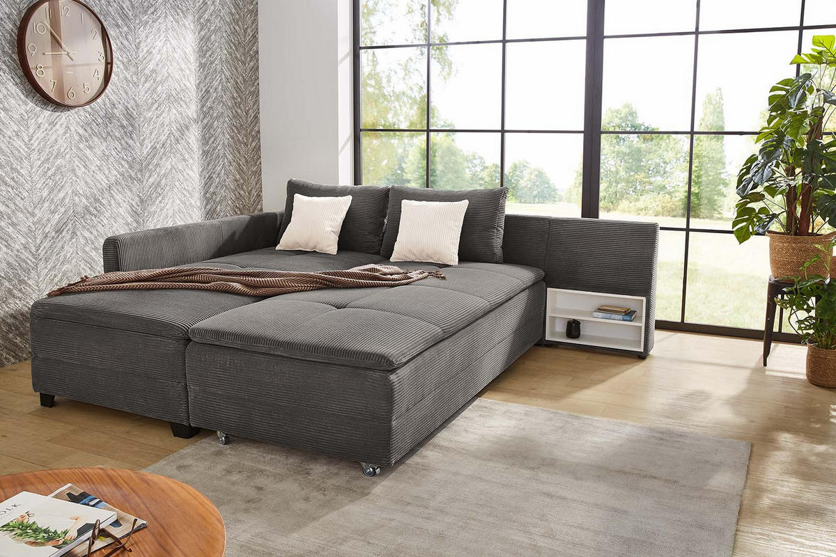 ECKSOFA-DAUERSCHLÄFER Doppelbett Boxspring Federkern Topper, seitenverkehrt montierbar B306/T223/H95 cm, Cord Grau Anthrazit / 15163 - Anthrazit/Schwarz, Kunststoff/Textil (306/223cm) - luma-home
