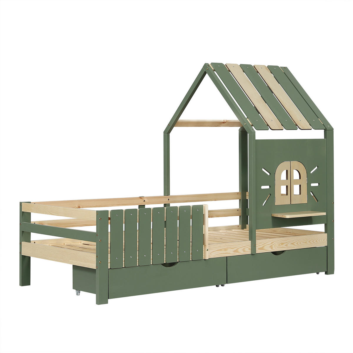 KINDERBETT Hausbett 90x200 cm mit 2 Schubladen Grün Natur - Grün, Holz (90/200cm) - Meubliv