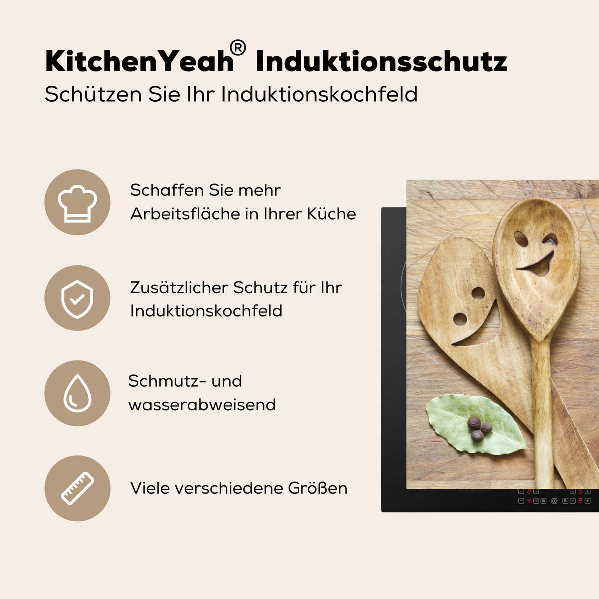 HERDABDECKPLATTE Holz - Löffel - Braun - Smiley 70x52 cm - Hellbraun, Kunststoff (70/0.2/52cm) - MuchoWow