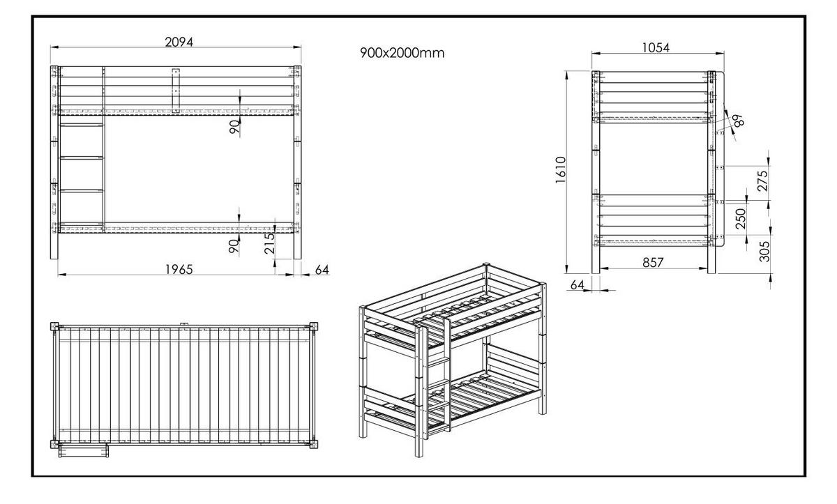 ETAGENBETT Karolina 210x161x105 aus Massivholz in natur - Kieferfarben, Holz (90/200cm) - 58aufmkessel