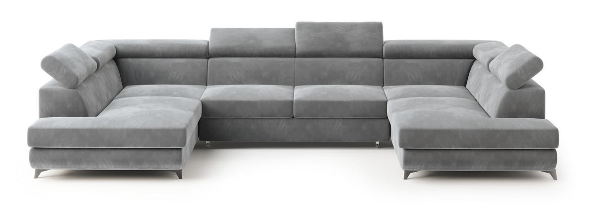 WOHNLANDSCHAFT VINTESSA Hellgrau Velours-Stoff mit Schlaffunktion - Hellgrau, Holz (323/89/190cm) - MASSENO