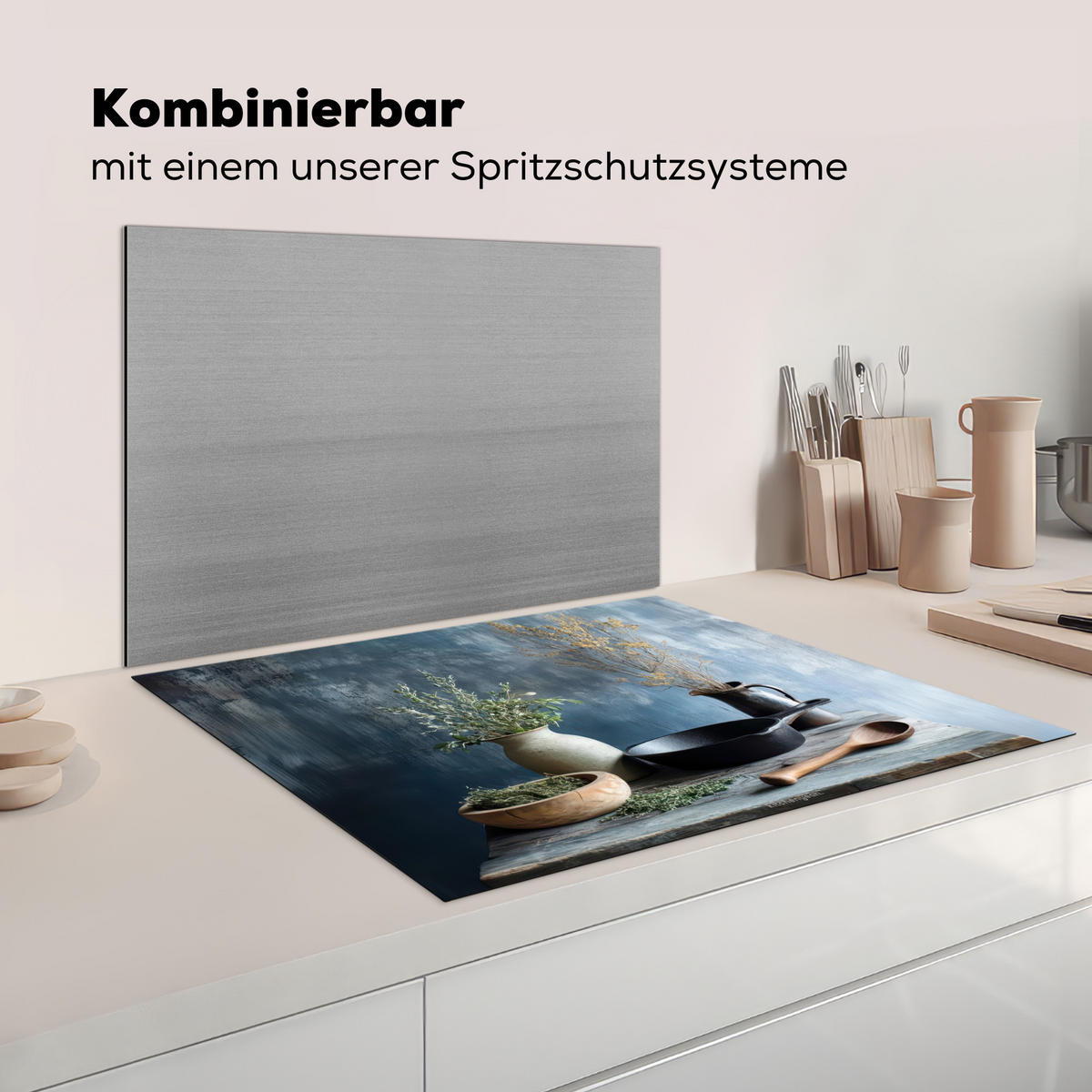 HERDABDECKPLATTE Stilleben - Kräuter - Rustikal Induktionsmatte 77x59 cm - Blaugrau, Kunststoff (77/59/0.2cm) - MuchoWow
