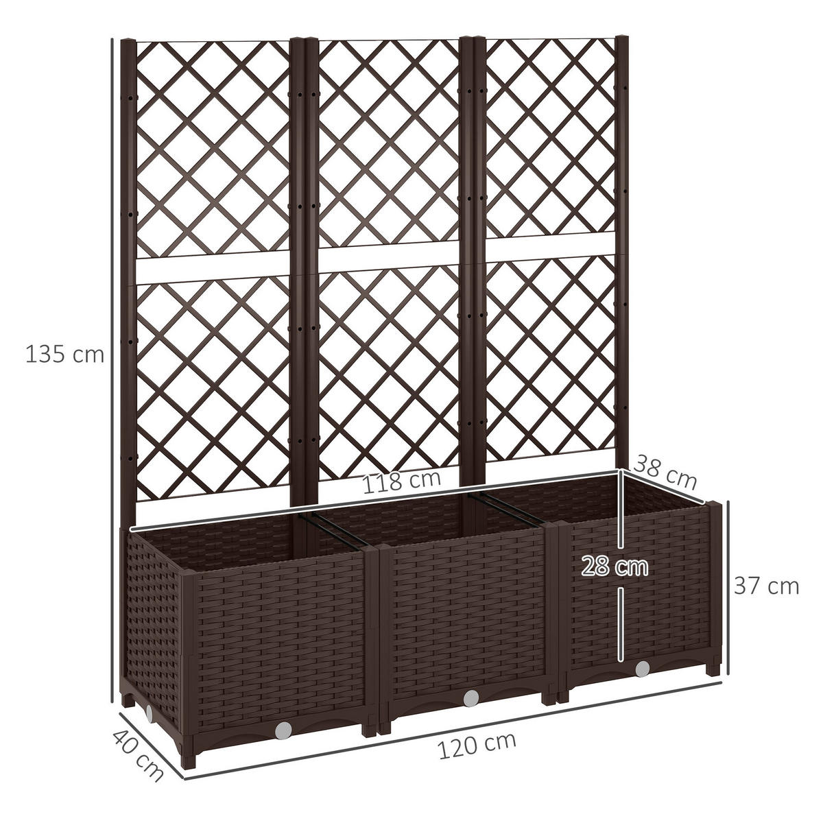 HOCHBEET DE-12208 mit Rankgitter 120/40/135 cm mit 8 Drainagelöchern Braun - Braun, Kunststoff (120/135/40cm) - ComfortXL