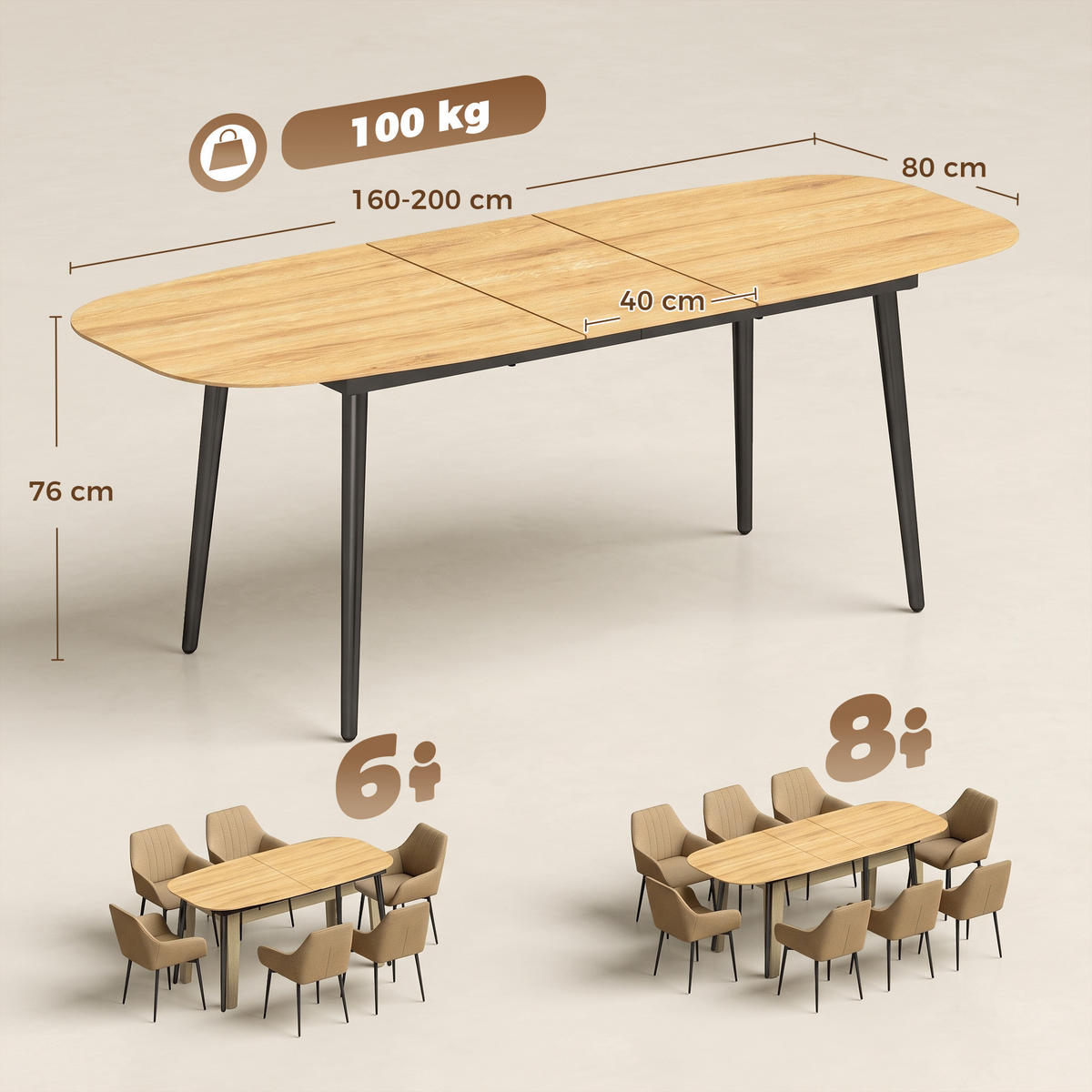 AUSZIEHBARER-ESSTISCH MDF Eiche - Eichefarben/Schwarz, Holzwerkstoff/Metall (200/80/76cm) - HOMCOM