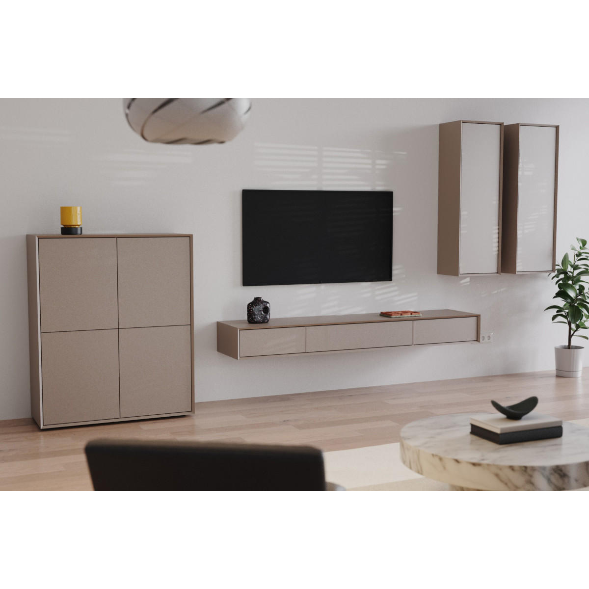 TV-MÖBEL mit 2 Abattants 43/200/22 cm - Sandfarben, Holzwerkstoff (43/22/200cm) - Calicosy