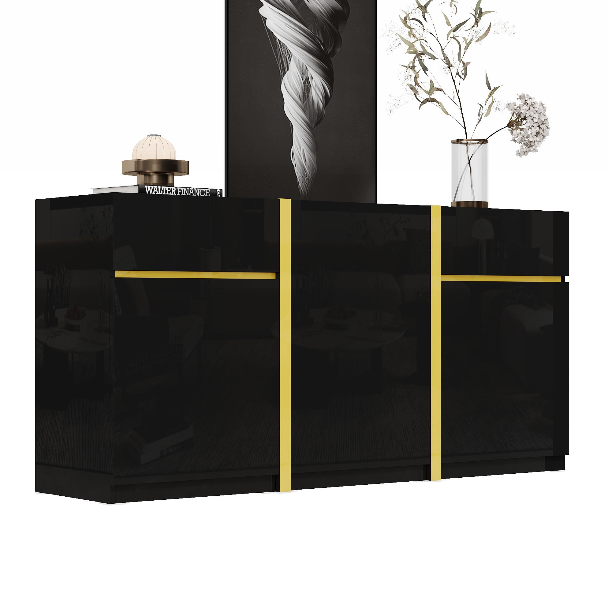 SIDEBOARD 160/40/78 cm aus MDF und Holzwerkstoff mit Hochglanzfront und goldfarbenen Details Schwarz - Schwarz, Holzwerkstoff (160/78/40cm) - Modenvie