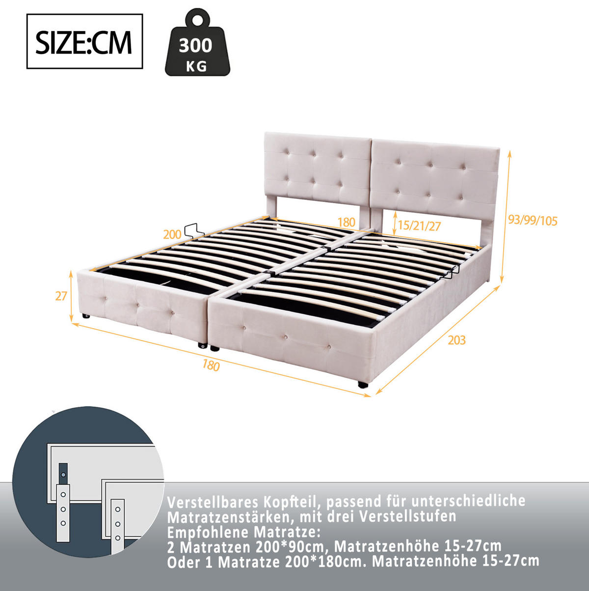POLSTERBETT aus Samtstoff 180x200 cm Beige mit hydraulischem Stauraum, verstellbarem Kopfteil und 2-in-1-Funktion - Beige, Textil (180/200cm) - Modfu