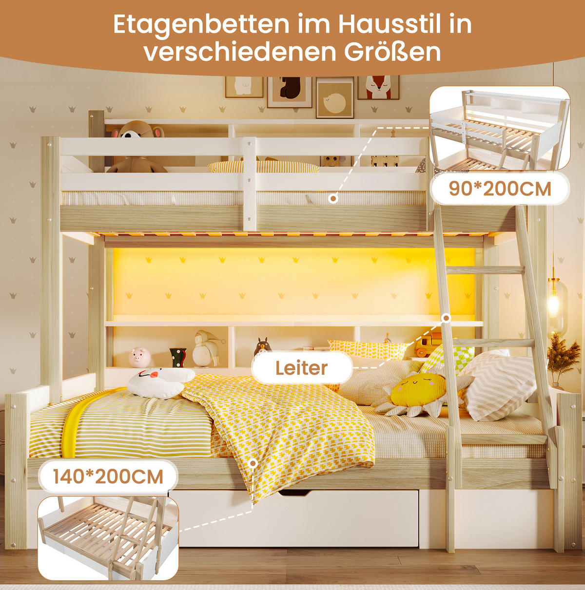 ETAGENBETT 90/200 + 140/200 cm mit LED-Beleuchtung, flexibler Leiter, Stauraum und Bettgitter, Kiefer Massivholz, Weiß/Natur - Weiß, Holz (90/200cm) - Redom