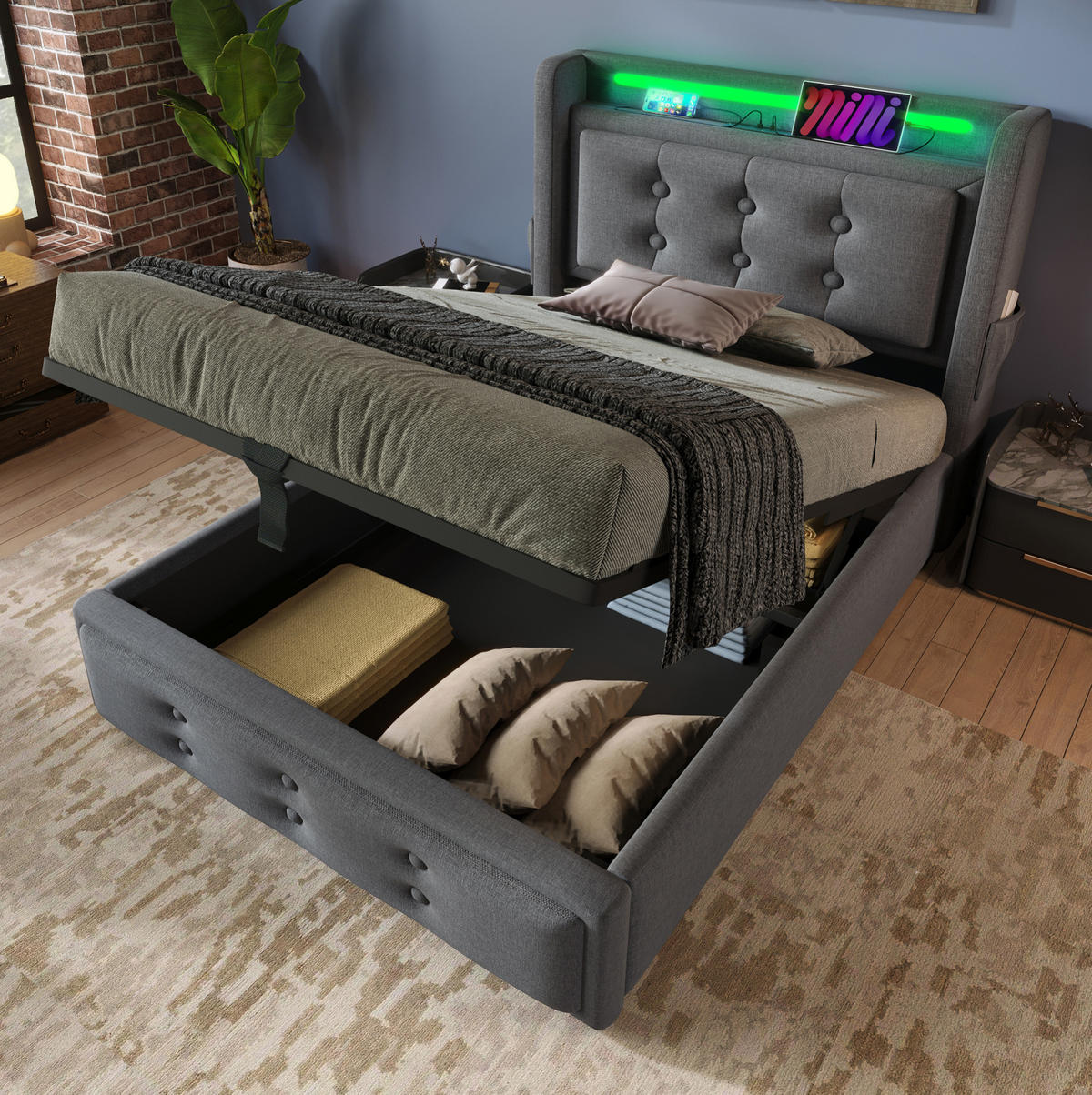 POLSTERBETT mit LED, USB und Stauraum 90x200 cm Baumwoll-Leinen Grau inkl. Matratze - Grau, Metall (90/200cm) - Meubliv