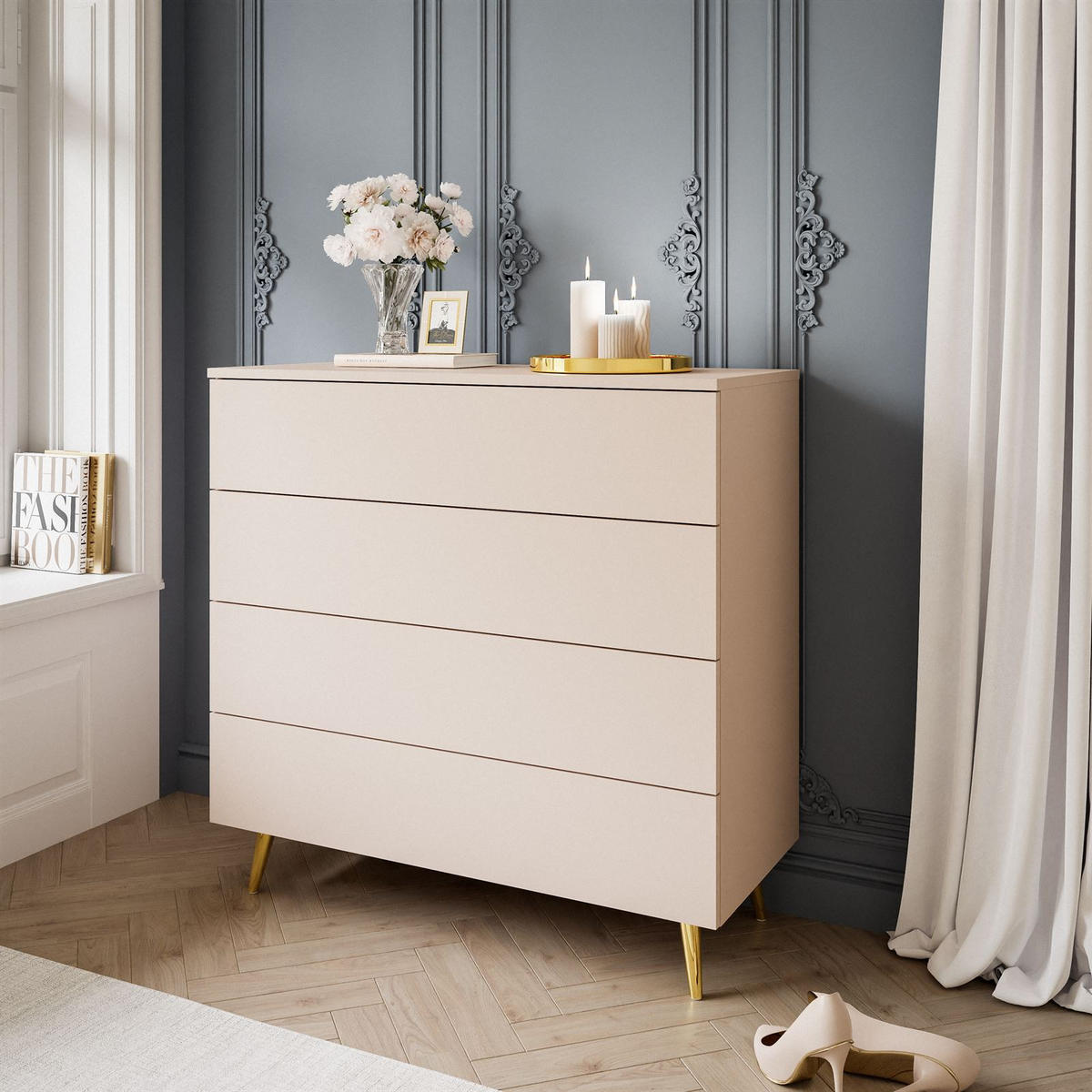 KOMMODE AURA KASCHMIR 4S mit Schubladen Goldene Beine - Kaschmir/Goldfarben, Holzwerkstoff (95/90/40cm) - Lookway