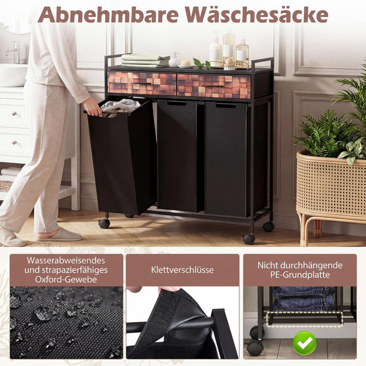 WÄSCHEKORB mit Wäschesäcken schwarz - Schwarz, Metall (92.5/97/33cm) - COSTWAY