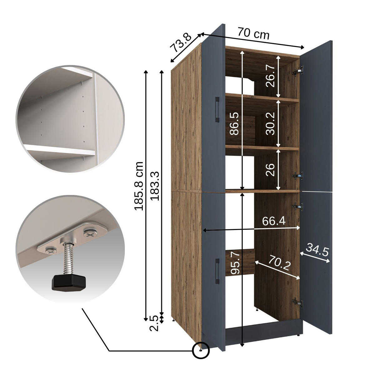 WASCHMASCHINENSCHRANK DORA-II 70cm Breit - Anthrazit, Holzwerkstoff (70/186/74cm)