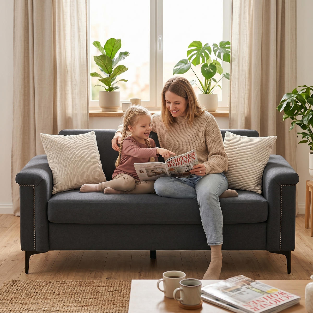 2-SITZER SOFA Leinen Dunkelgrau mit Metallfüßen und Nietenverzierung - Dunkelgrau, Holzwerkstoff/Textil (172/81.5/73.5cm) - WISHDOR