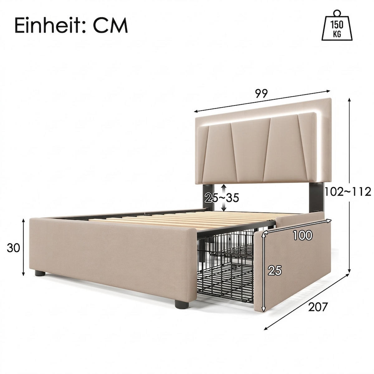 POLSTERBETT 90/200 cm Beige mit LED-Beleuchtung und 2 Schubladen - Beige, Textil (90/200cm) - Oxeza