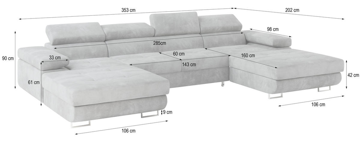 WOHNLANDSCHAFT LYKKE Gelb Velours-Stoff mit Schlaffunktion - Gelb, Holz (353/90/202cm) - MASSENO