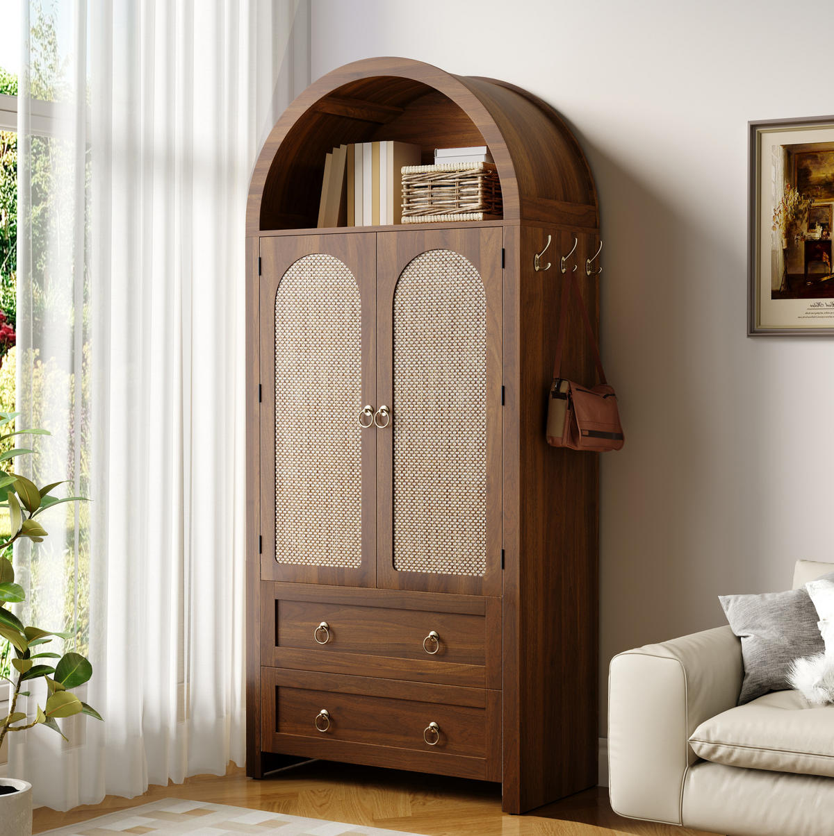 KOMMODE aus MDF 80x40x180cm in Nussbaum mit Rattantür - Nussbaumfarben, Holzwerkstoff (80/180/40cm) - Modfu