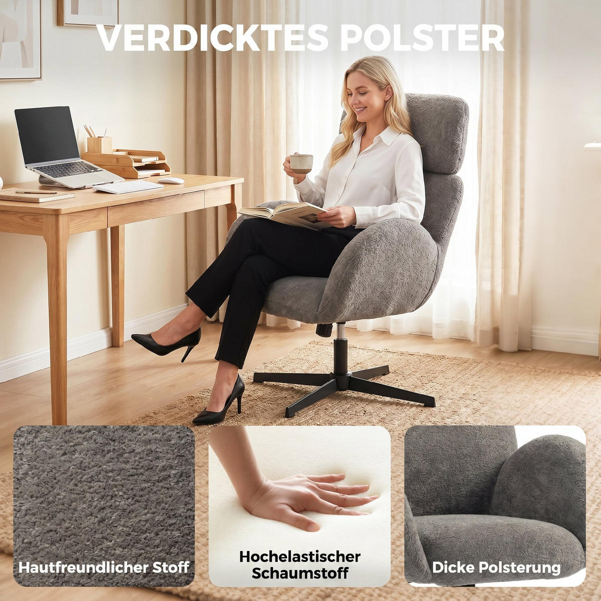 SCHREIBTISCHSTUHL Samt (100% Polyester) Grau - Schwarz/Grau, Textil/Metall (67/113/68cm) - HOMCOM