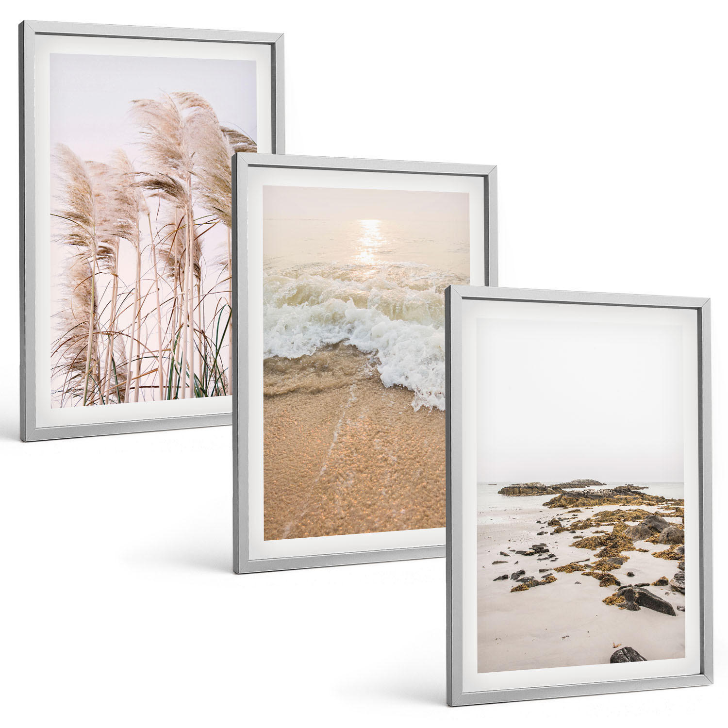 BILDER SET 3er Set - 40x60 cm Silberner Rahmen - Strandgras, Wellen, Steine, Boho-Stil - Silberfarben, Kunststoff (40/60cm) - TULUP
