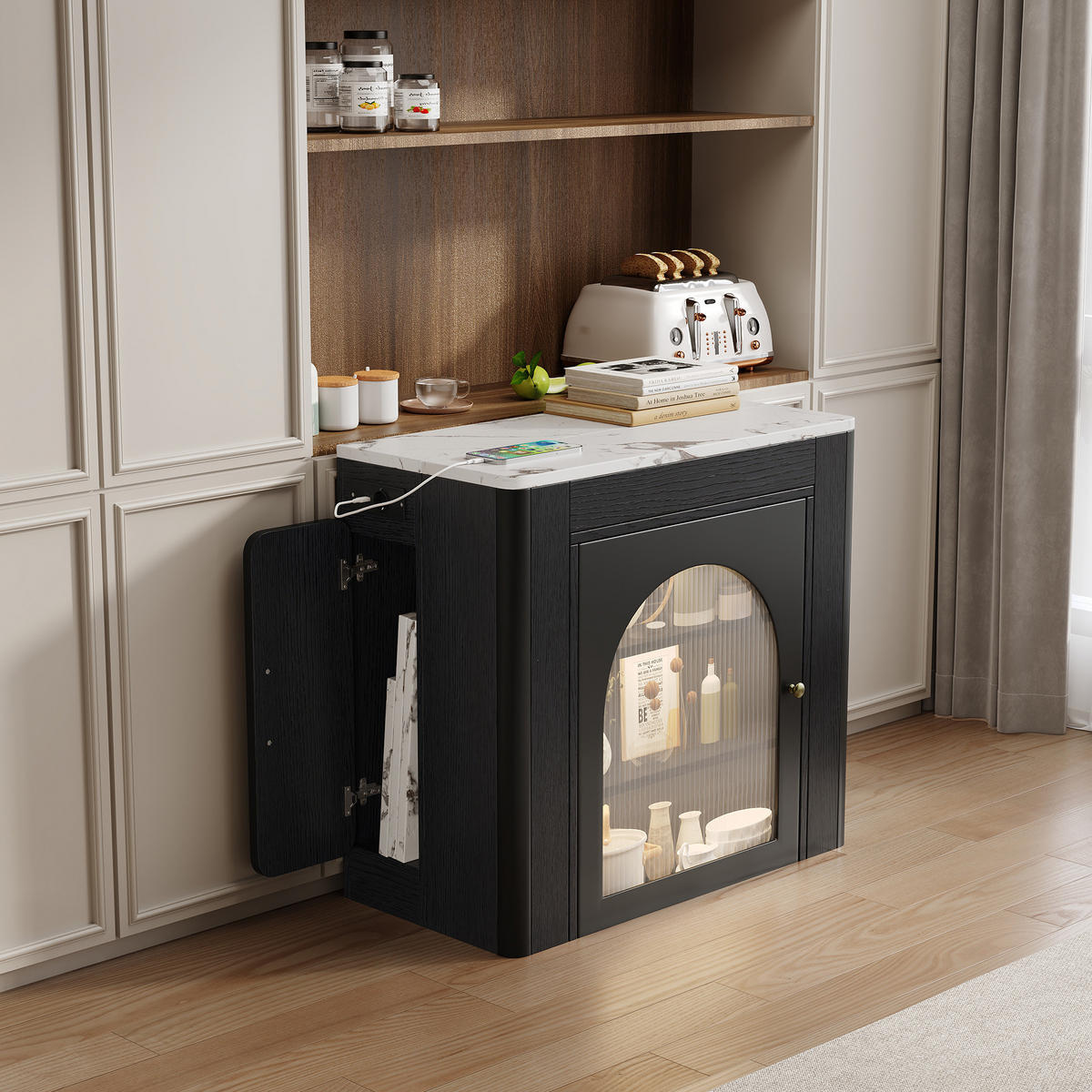 KÜCHENINSEL aus MDF und Glas 83x40x77 cm Weiß/Schwarz ausziehbar mit Rollen, LED und USB/Type-C - Schwarz, Holzwerkstoff (83/77/39.6cm) - Modfu