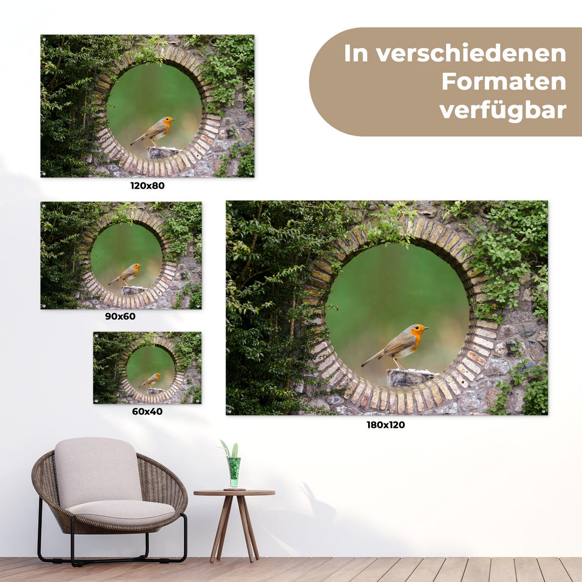 ZAHRADNÍ PLAKÁT Pták - průhled - Robin 90x60 cm - zelená barva, plast (90/60/0.2cm) - OnlyWow