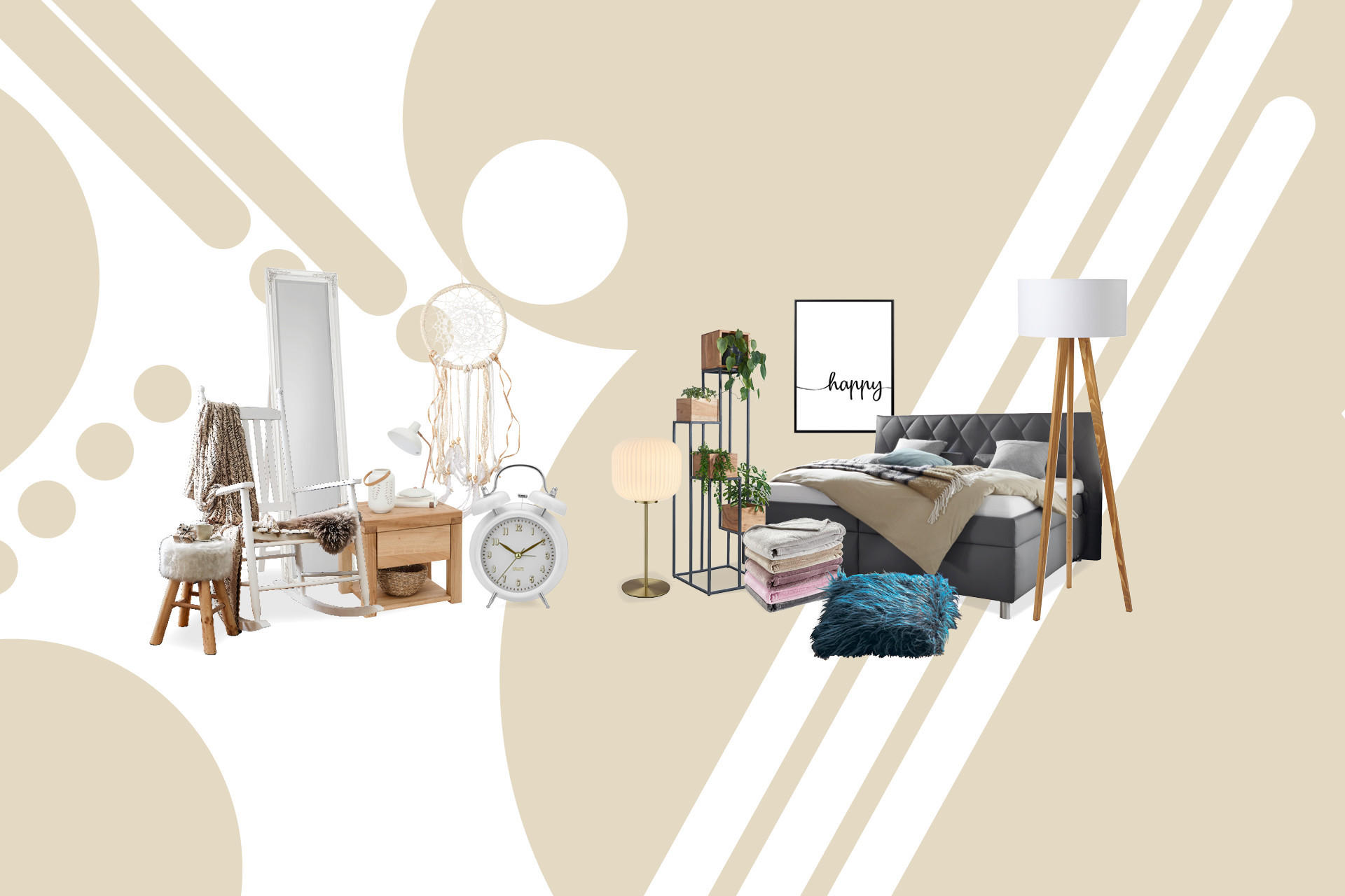 Dekorácie do spálne, biele hojdacie kreslo, drevený nočný stolík, stolová lampa, veľké zrkadlo, biely budík, biela stolová lampa, čierna kovová polica, stojacia lampa, posteľ, prikrývky a vankúše, modrý vankúš, uteráky, obraz „happy“