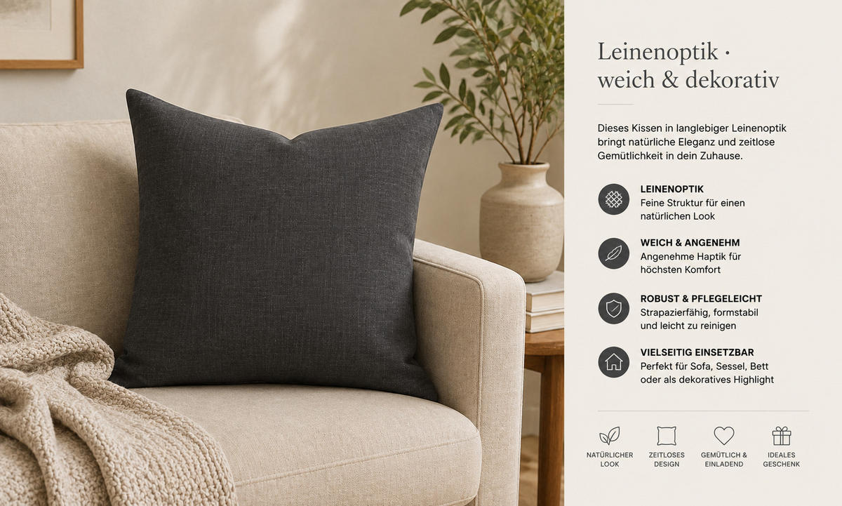 KISSENBEZUG Leinenoptik 50/50 cm Anthrazit - Anthrazit, Textil (50/50cm) - TiborTex