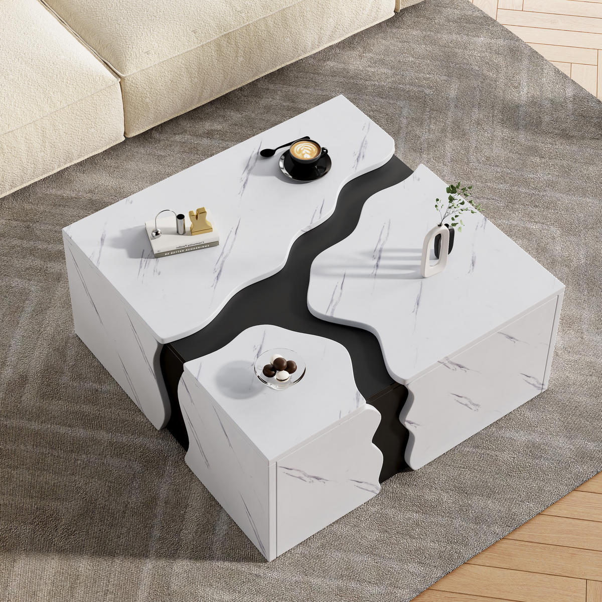 COUCHTISCH 70/70/31 cm Weiß in Marmoroptik mit Schublade aus Spanplatte - Weiß, Holzwerkstoff (70/70/31cm) - OKWISH