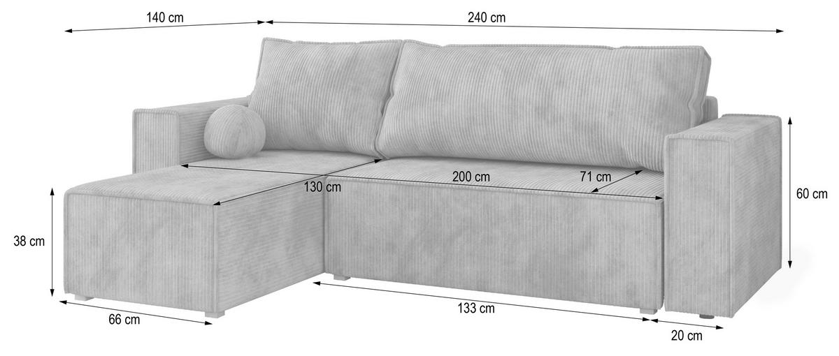 ROHOVÁ SEDAČKA RAVELO černá - šedá/černá, dřevo/textil (240/140cm) - MASSENO