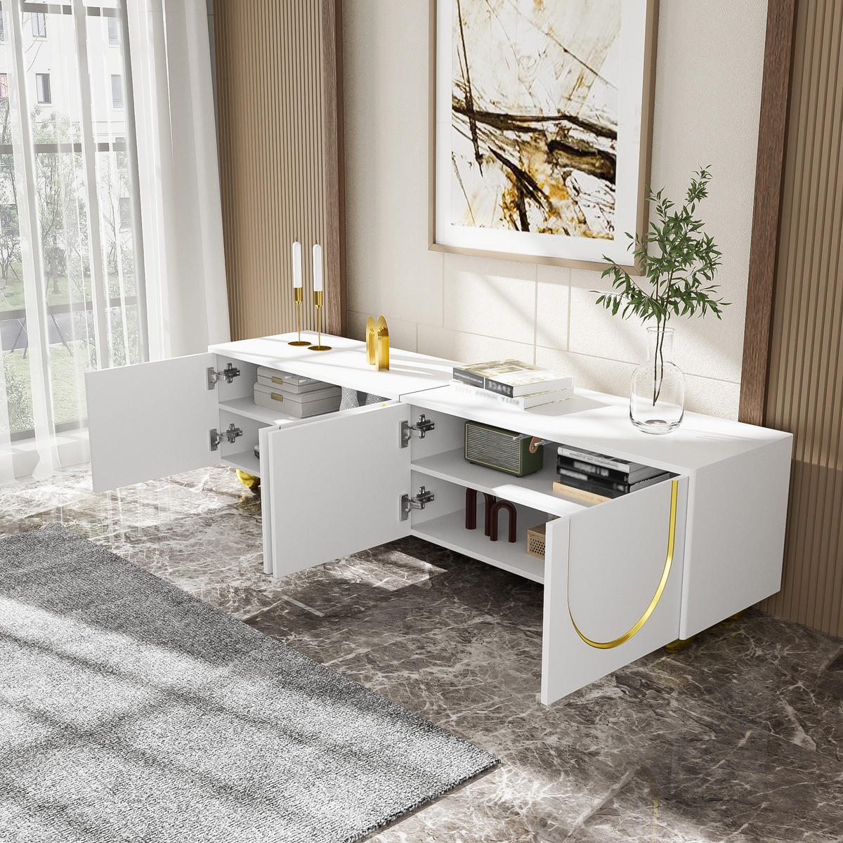 LOWBOARD in Weiß und Gold TV-Schrank mit strukturierten Türen für Wohnzimmer, B170/T38/H44 cm - Goldfarben/Weiß, Holzwerkstoff/Metall (170/44/38cm) - STILVORA