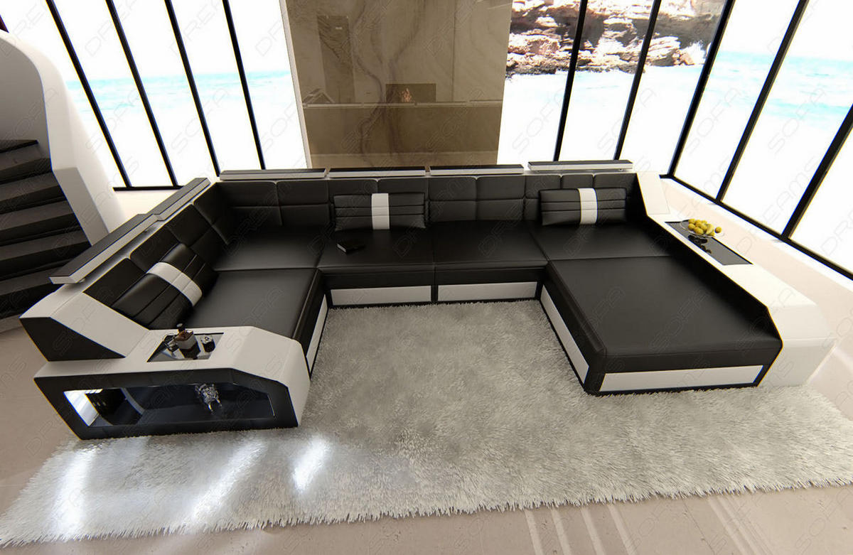 WOHNLANDSCHAFT Arezzo U - Schwarz/Weiß, Leder (380/86/197cm) - Sofa Dreams