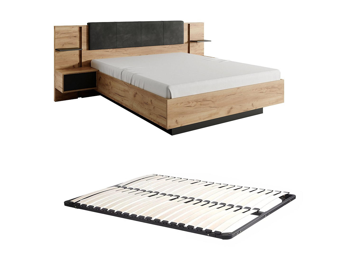 BETTRAHMEN - 2 Personen - stoff - anthrazitgrau, naturfarben hell Elynia - Anthrazit/Naturfarben, Holz/Holzwerkstoff (140/190cm) - Vente-Unique