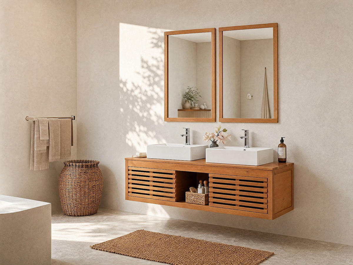 DOPPELWASCHTISCH - 130 cm x 50 cm - Keramik, Holz, Platte - Naturfarben Dunkel - PENEBEL - Naturfarben, Keramik/Holz (130/40/50cm) - Vente-Unique