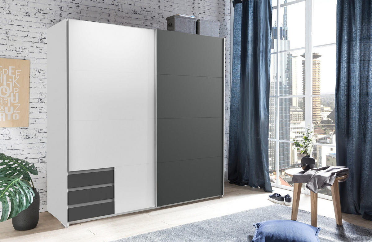 KLEIDERSCHRANK Emden in Weiß mit Graphit - Schwebetürenschrank Breite 179 cm ohne Spiegel - Weiß, Holzwerkstoff (179/198/65cm)