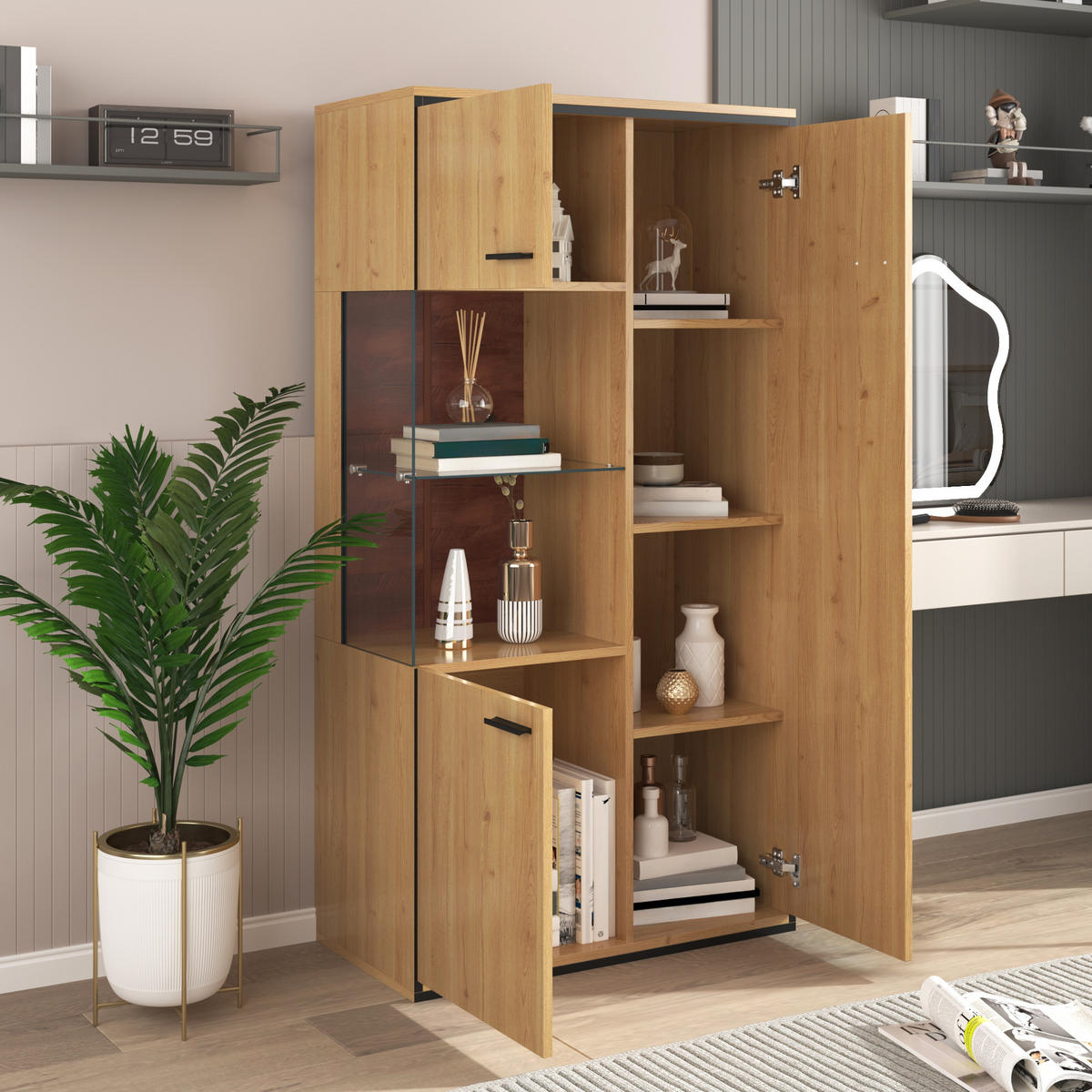 VITRINE 40/77,5/150 cm naturfarben aus MDF mit Glastür und LED - Naturfarben, Holzwerkstoff (77.5/150/40cm) - OKWISH