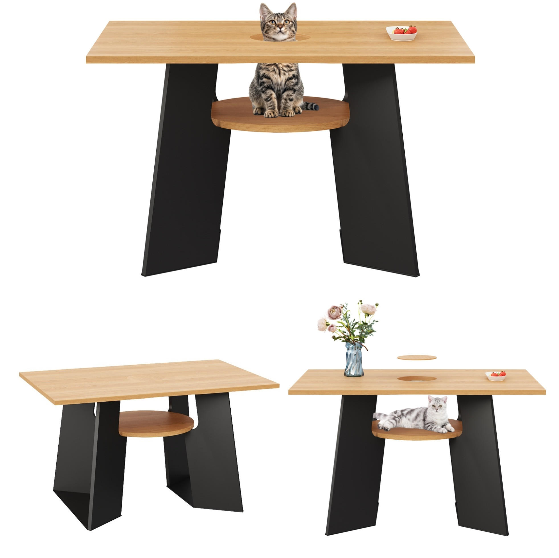 ESSTISCH 130/85/75 cm mit Haustierbereich, Abdeckplatte und Ablage, MDF, Schwarz/Natur - Schwarz, Holzwerkstoff (130/85/75cm) - Redom