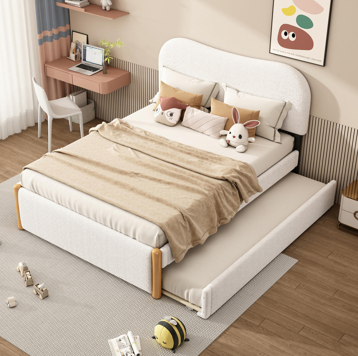 POLSTERBETT 140/200 cm weiß aus Plüsch mit ausziehbarem Rollbett - Weiß, Textil (140/200cm) - OKMYHOME