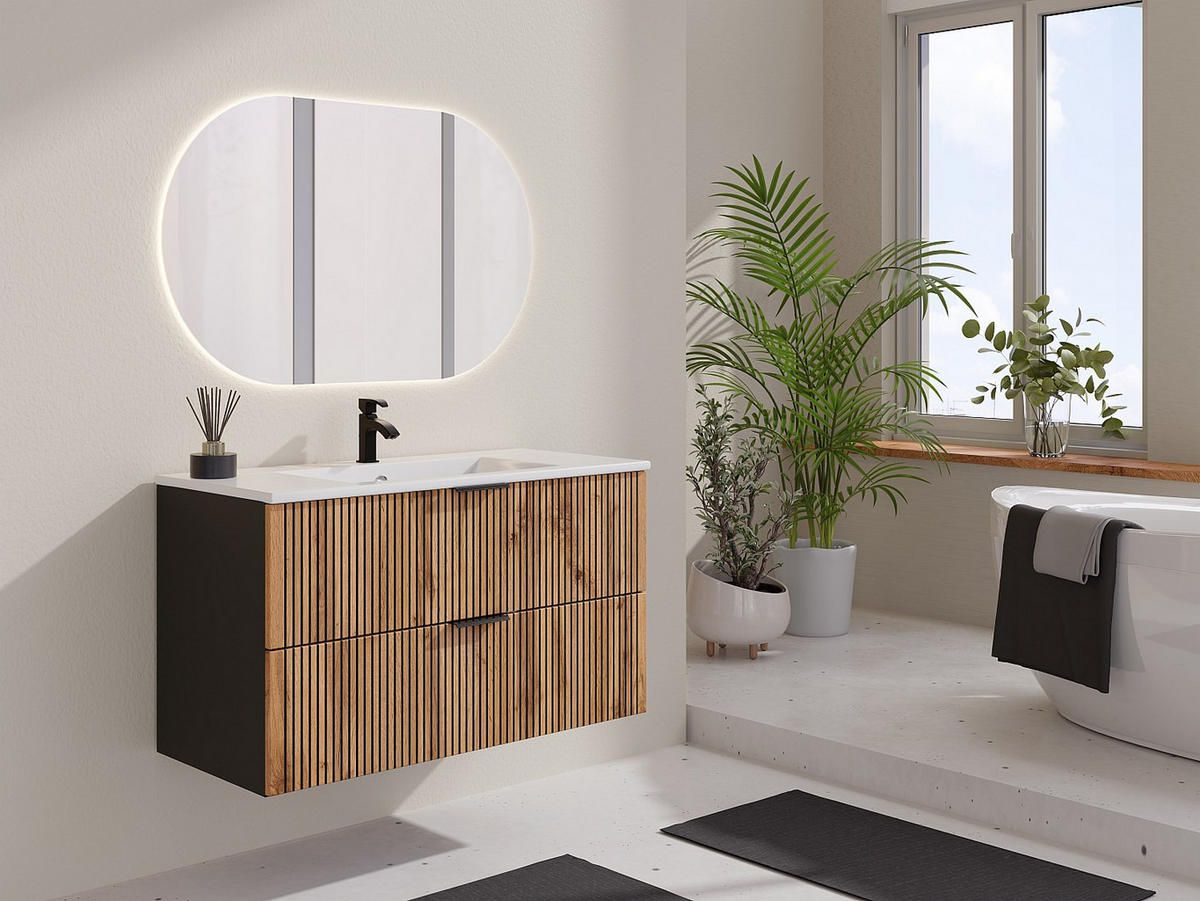 WASCHBECKENUNTERSCHRANK hängend - Streifenoptik - Holzfarben hell & Schwarz - 100 cm - MADELA - Schwarz, Holz (100/57/46cm) - Vente-Unique