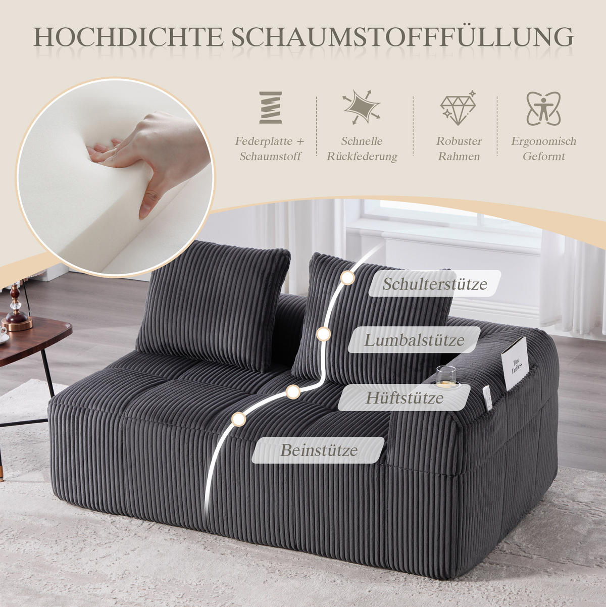 SOFA mit Seitenfächern und Becherhaltern 158 x 93 cm Cord Dark Grey - Dunkelgrau, Kunststoff (158.1/61/93cm) - Meubliv