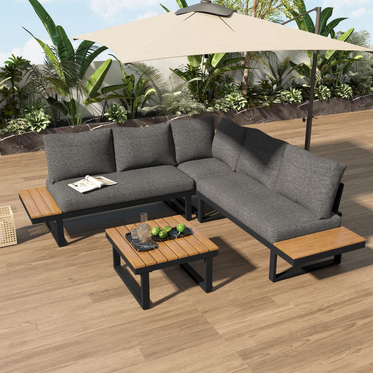 LOUNGEGARNITUR verzinktes Stahlrohr，mit Couchtisch, Grau+Schwarz - Grau, Textil - KOMHTOM