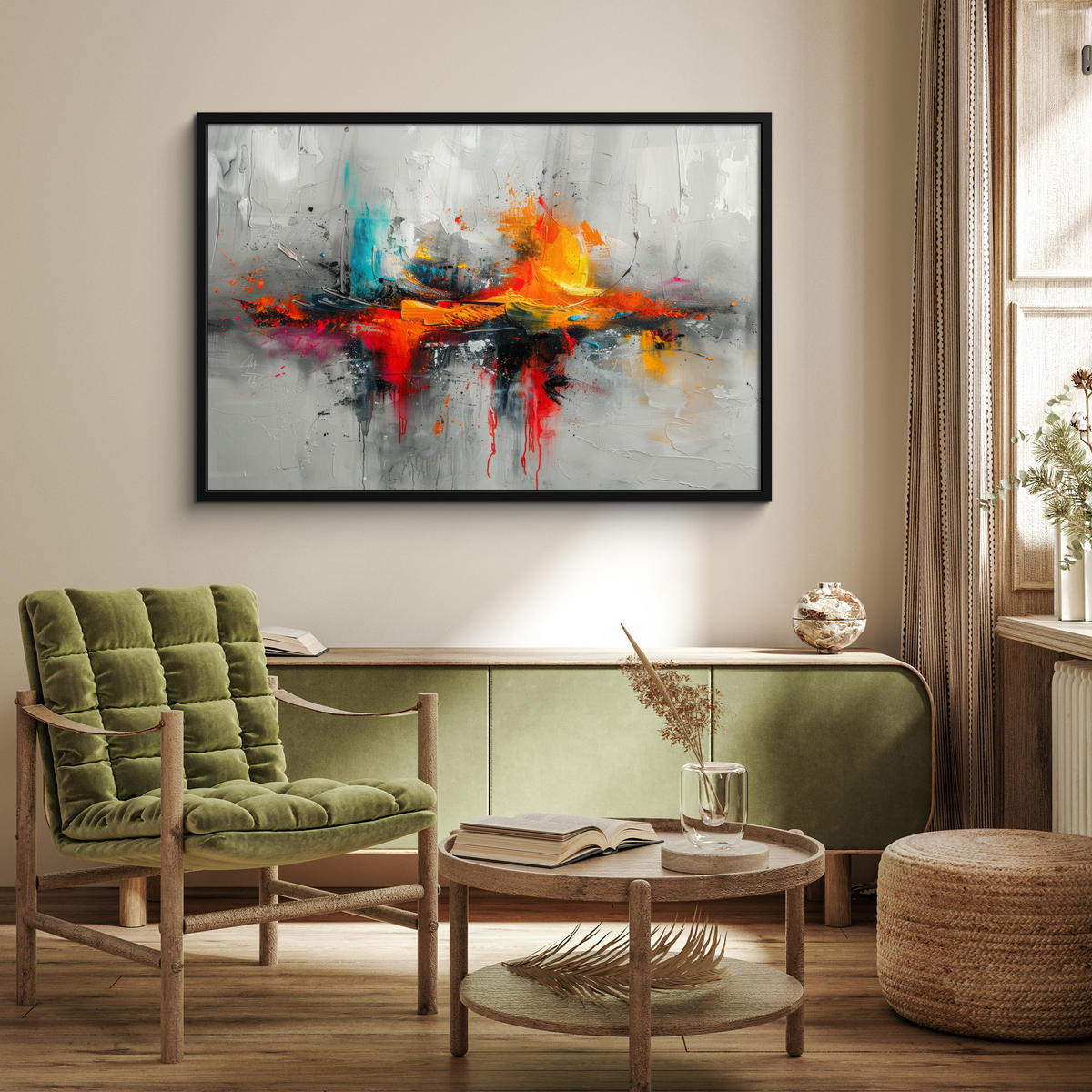 POSTER MIT RAHMENGERAHMTES BILD Moderne Kunst - Orange - Grau - Abstrakt 120x80 cm - Hellgrau, Papier (120/80cm) - MuchoWow