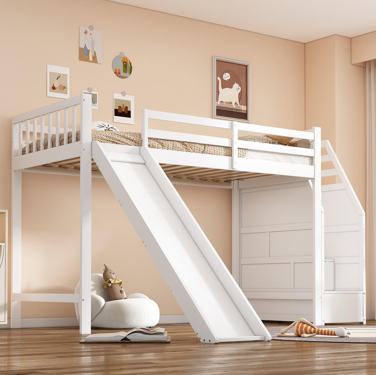 PATROVÁ postel z bílého borovicového dřeva 90/200 cm se skluzavkou a úložným prostorem - bílá, kompozitní dřevo (90/200cm) - OKWISH