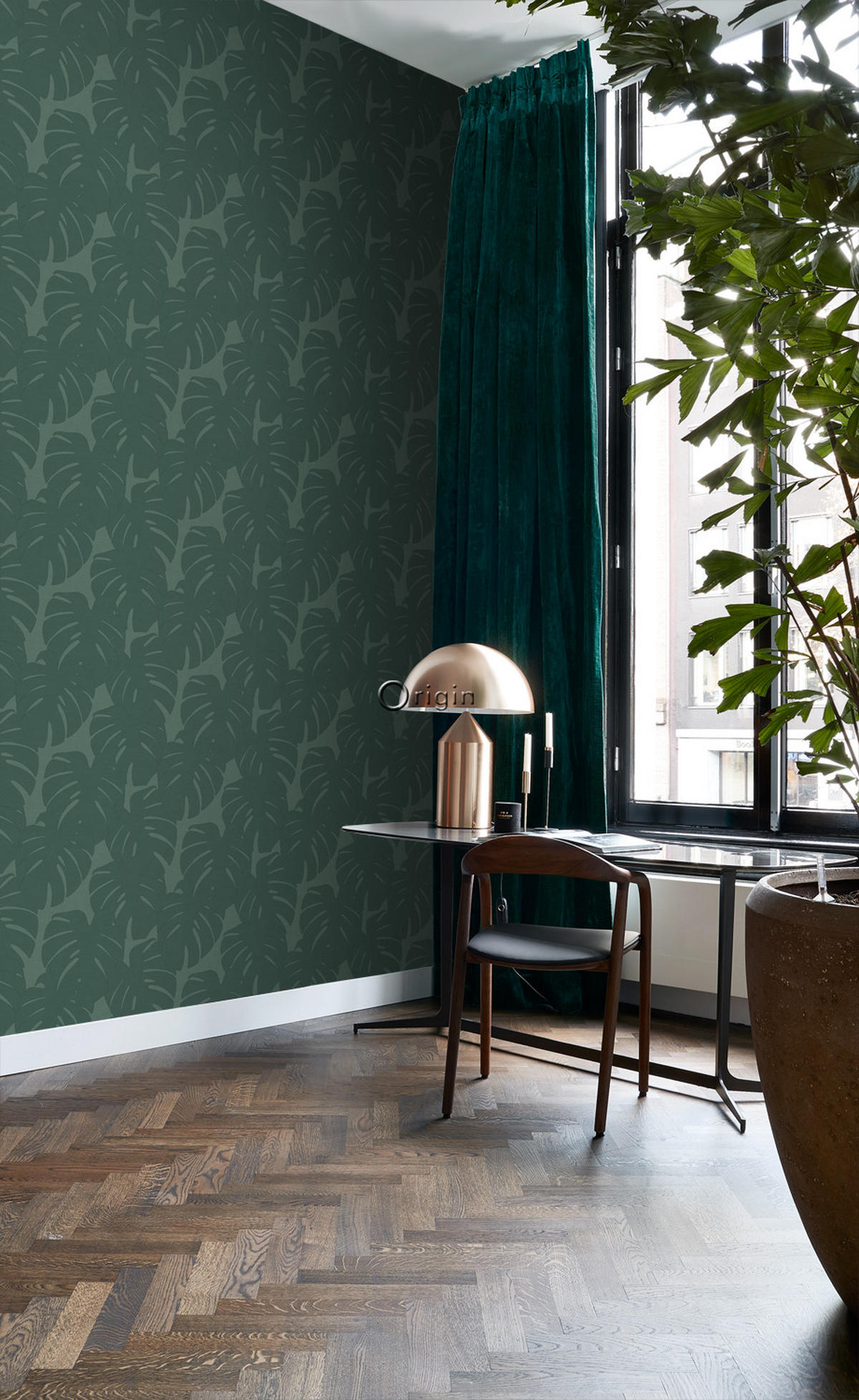 TAPETE Blätter in Leinen-Optik 53 cm x 10.05 m - Grün, Papier (53/1000cm) - Origin Wallcoverings