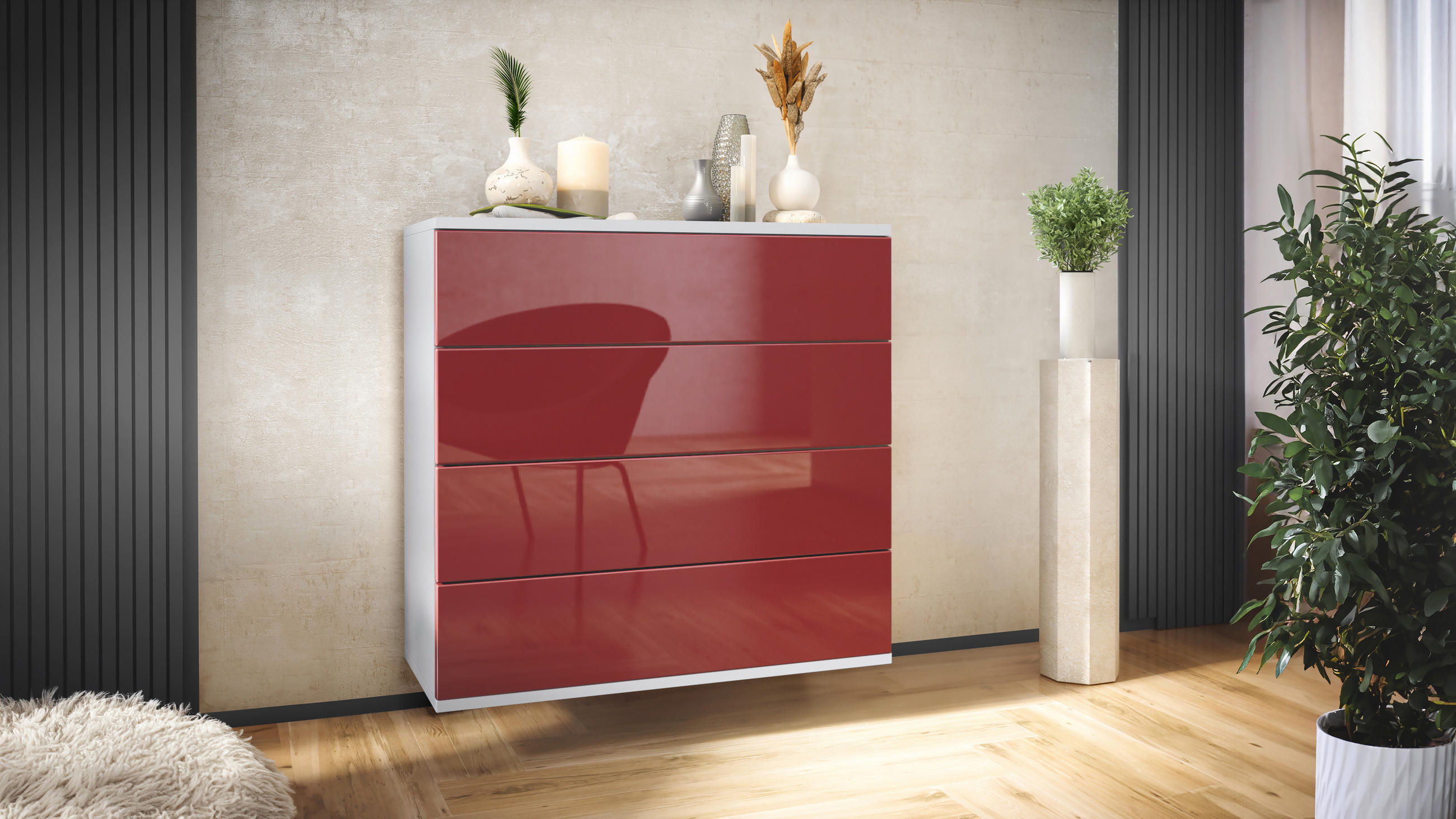 KOMMODE Pavos Bordeaux Hochglanz - Bordeaux, Holzwerkstoff (76/76/35cm) - Vladon