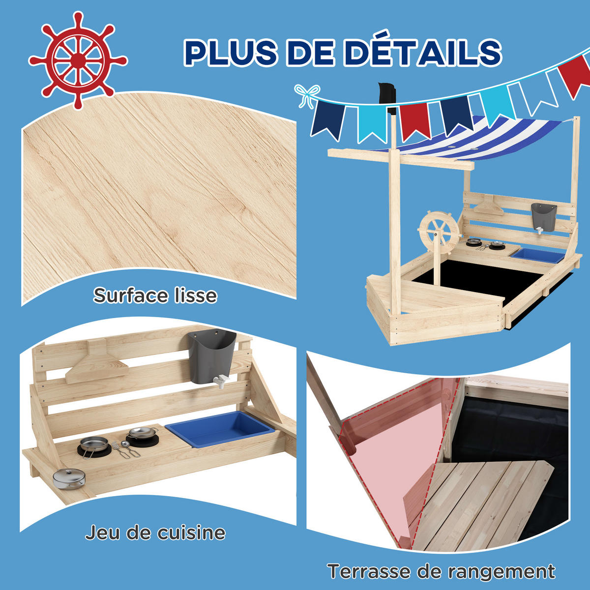 SANDKASTEN DE-18751 mit Küchenspiel & Piratenschiff-Design Naturholz - Naturfarben, Holzwerkstoff (180/103/144.5cm) - ComfortXL