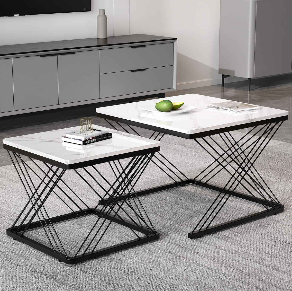 COUCHTISCH 2er-Set quadratisch 60x60 & 45x45 cm MDF Black White - Schwarz, Metall (60/60/45cm) - Meubliv