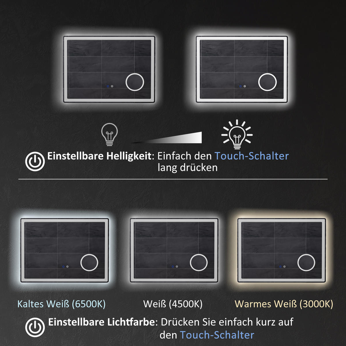 LED Badezimmerspiegel,mit 3x Vergrößerung, Memory-Funktion, beschlagfrei - Weiß, Glas (3.8/60/80cm) - Kleankin